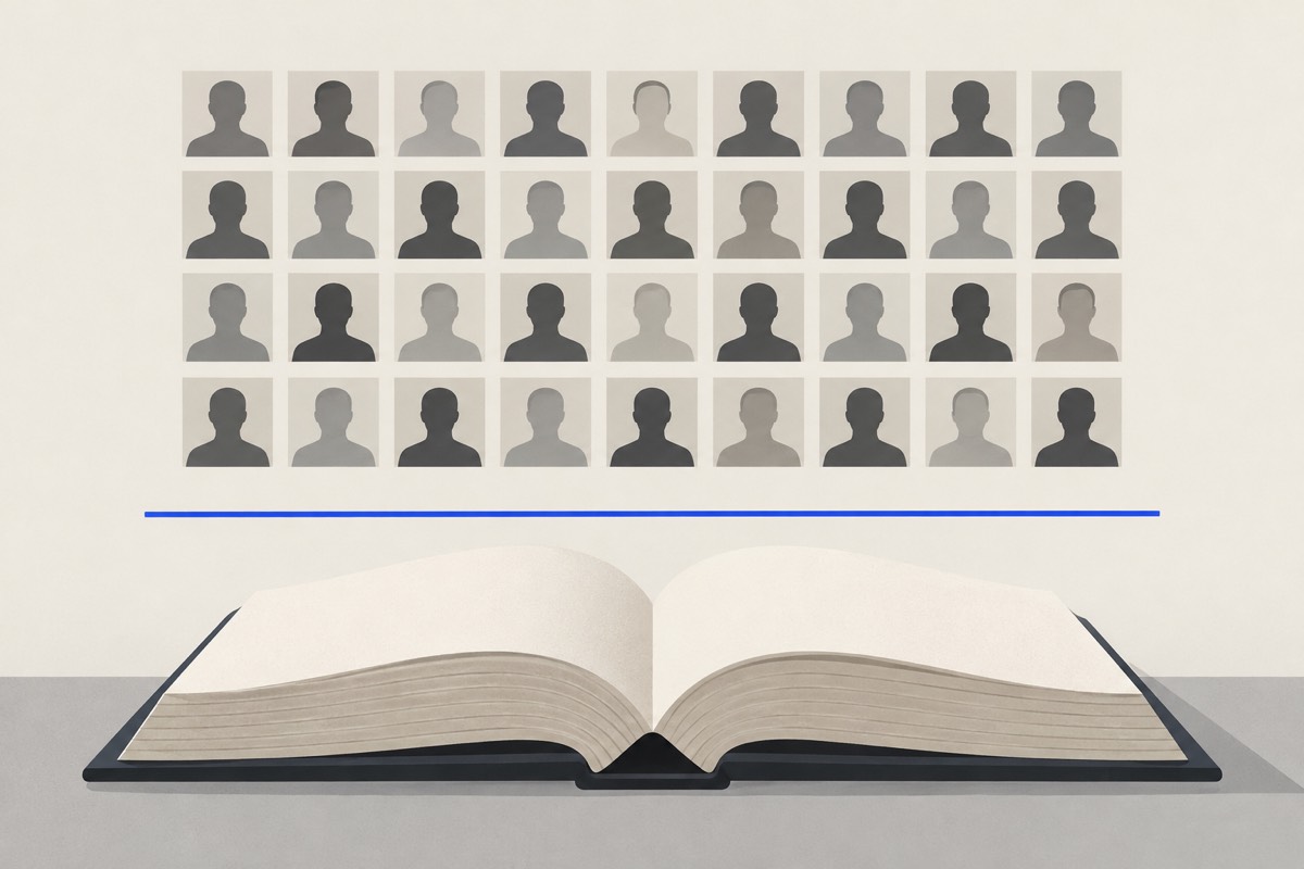 Four rows of grey silhouette squares on cream paper, a thin blue line and an open book below