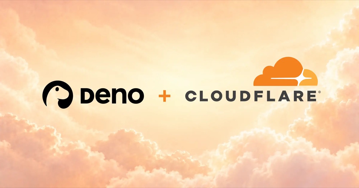 Deno 与 Cloudflare 官方联合 logo 卡，云海背景