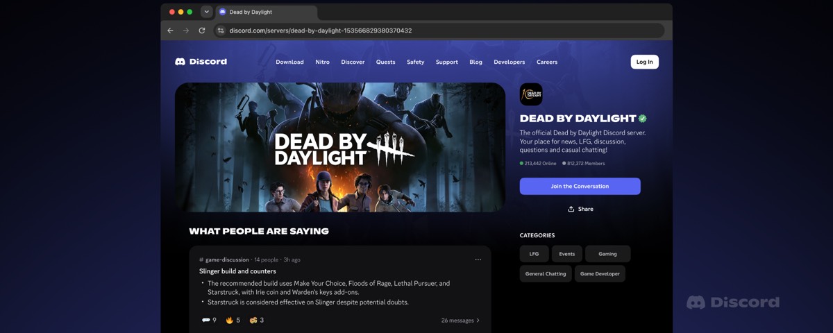 Screenshot from Discord blog: browser window showing the Dead by Daylight server web page with a channel-summary card on the left