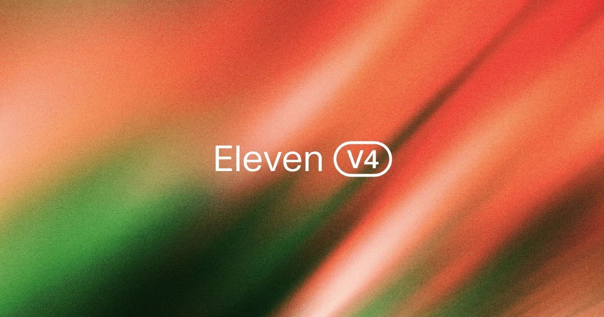 ElevenLabs v4 launch artwork: the Eleven V4 mark over an orange and green gradient