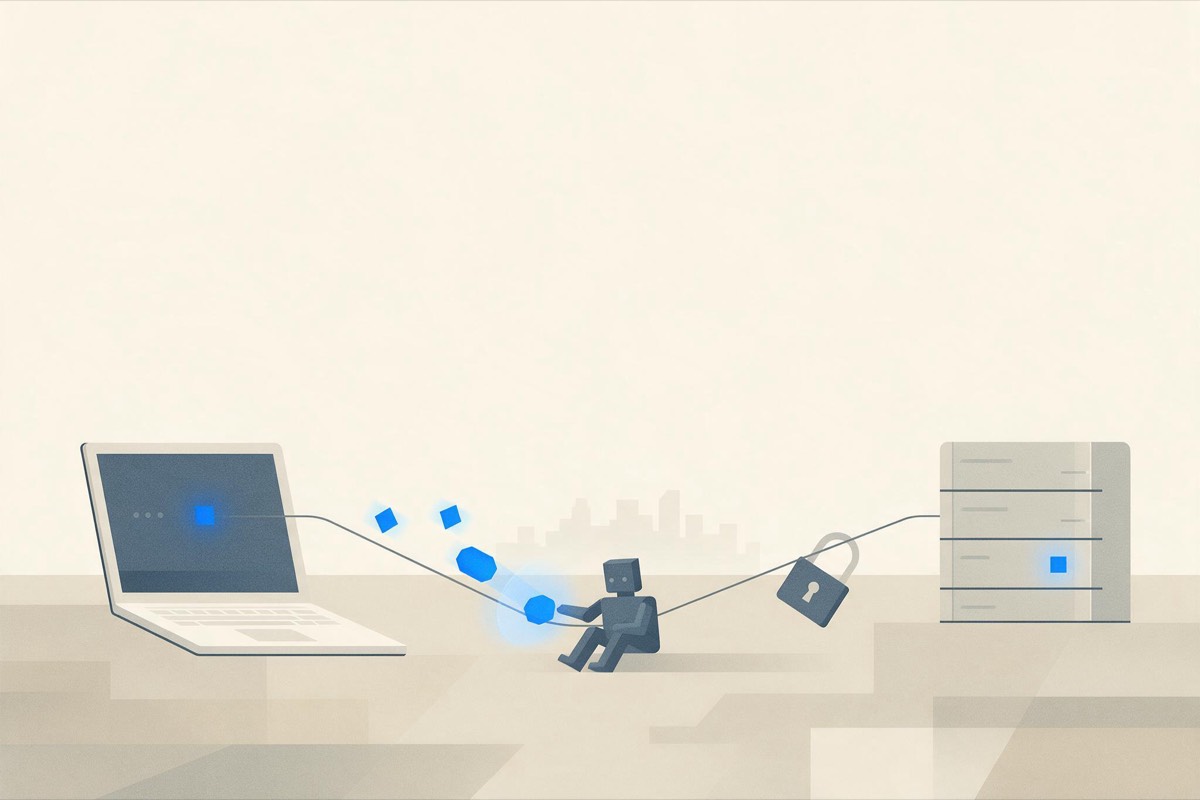 Flat geometric illustration of a data line between a laptop and a server; a small geometric figure in the middle quietly copies the glowing blue packets, with the padlock on the line unlocked and dangling