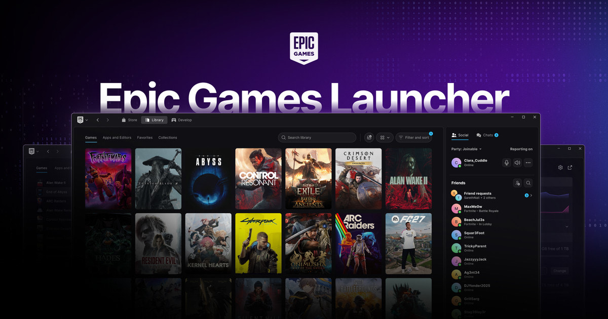 The Epic Games Launcher window on a deep purple backdrop, its game library grid filling the interface