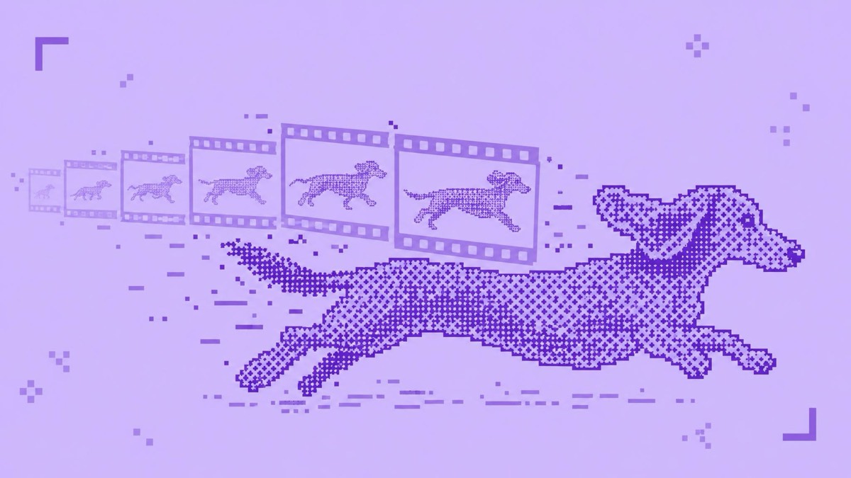 A dog running to the right, trailed by a row of film frames that shrink into the distance, in a purple halftone style