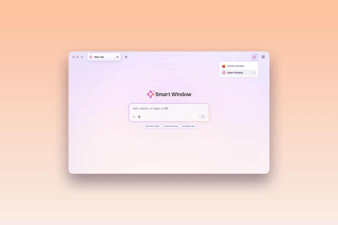 A browser window on an orange-pink gradient, a switcher menu offering Classic Window and Smart Window, with the Smart Window logo and input box in the center