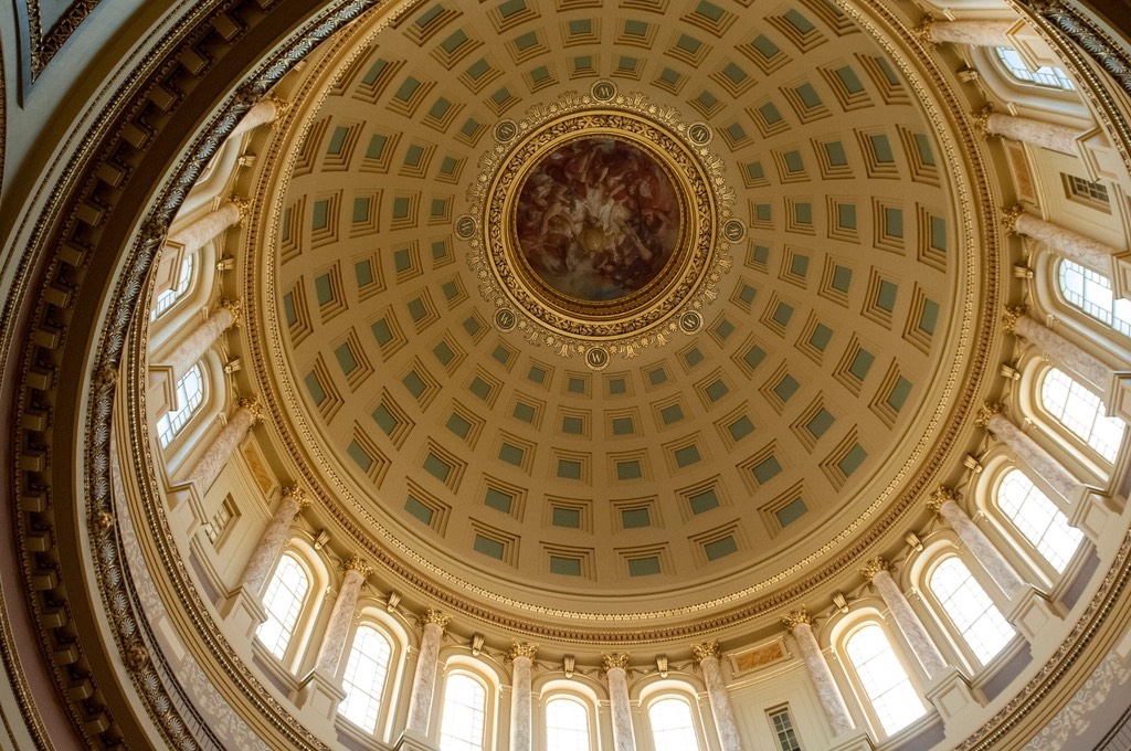 The coffer ceiling of the US Capitol seen from directly below