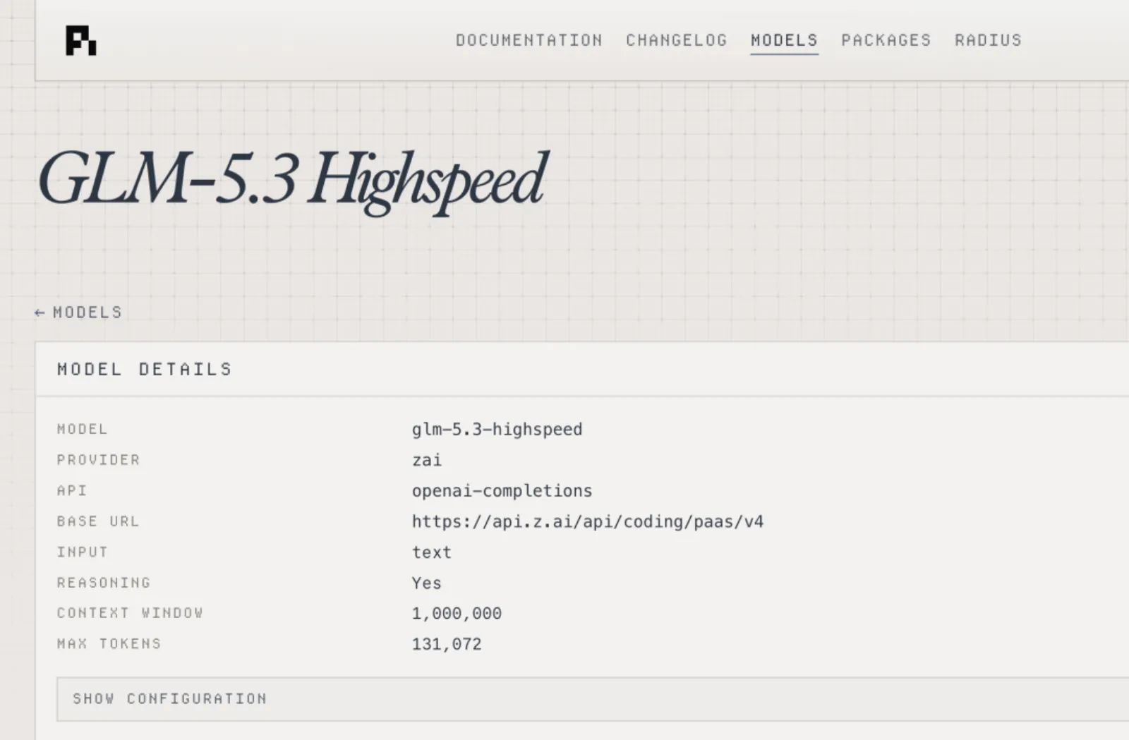 Pi's model catalog entry for GLM-5.3-Highspeed: provider zai, 1M context, 131,072 max output, reasoning supported