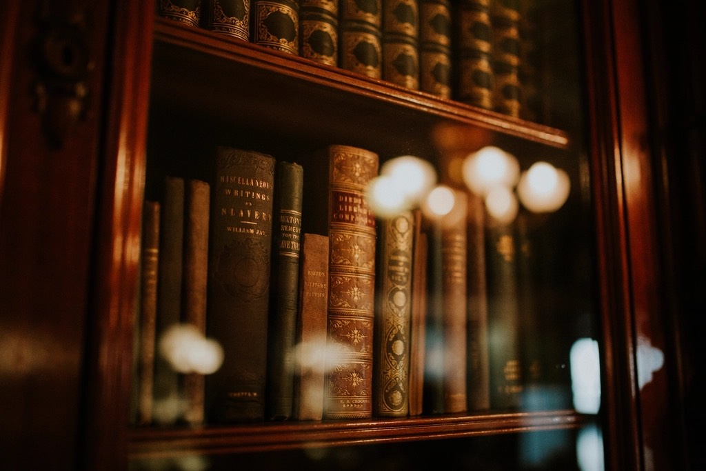 Gilt-tooled spines of old legal volumes behind the glass of a wooden bookcase