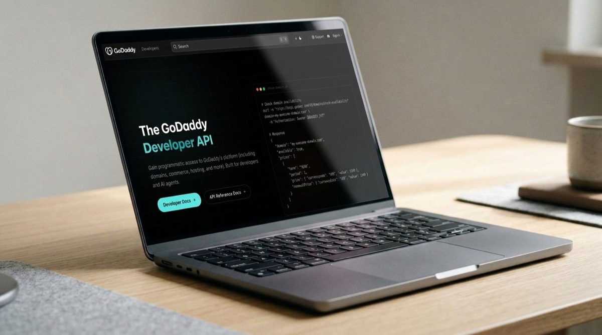 木桌上摊开一台笔记本电脑,屏幕上显示 GoDaddy 开发者 API 文档页面,旁边放着咖啡杯