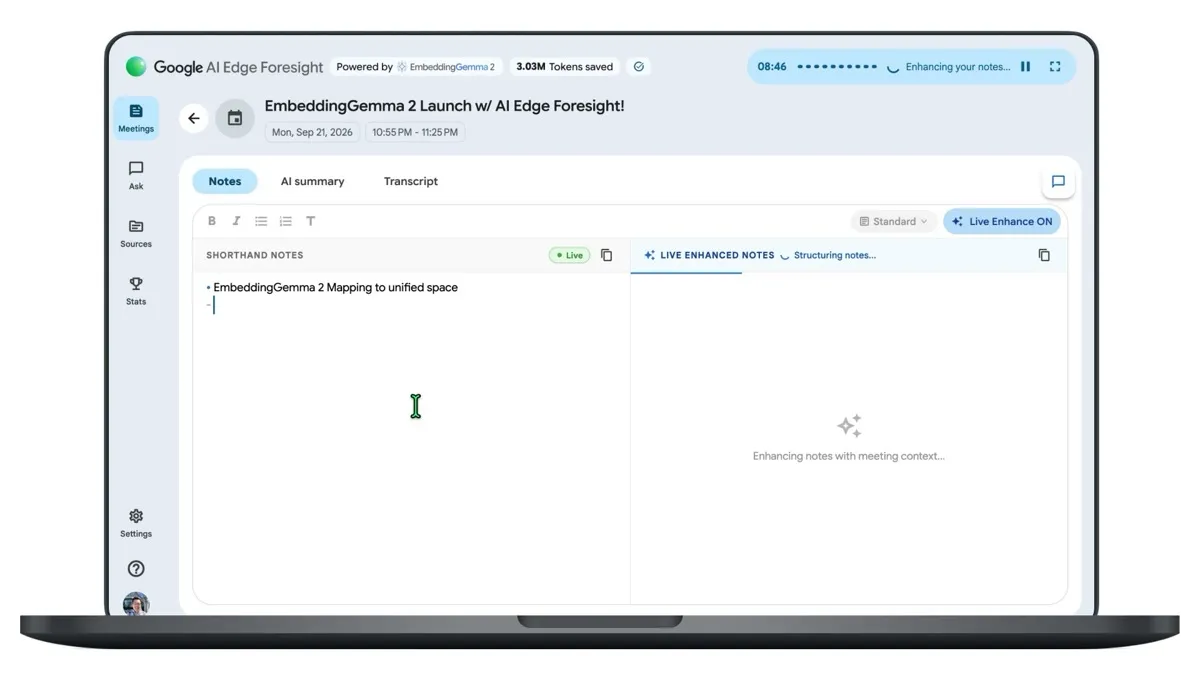 Foresight 官方演示：左侧 SHORTHAND NOTES 是手写速记，右侧 LIVE ENHANCED NOTES 由模型用会议上下文扩写，标题栏显示 Powered by EmbeddingGemma 2