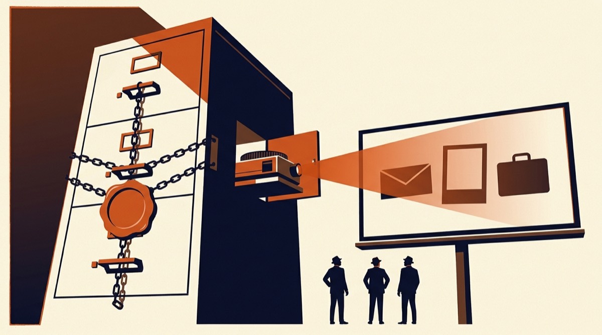 Illustration: a chained filing cabinet hides a projector that casts envelope, photo, and briefcase shadows onto a billboard