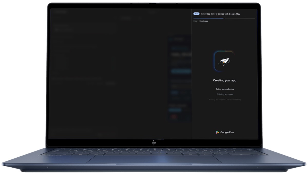 A laptop screen walking through the Play install flow — create the app, run checks, add it to your personal library