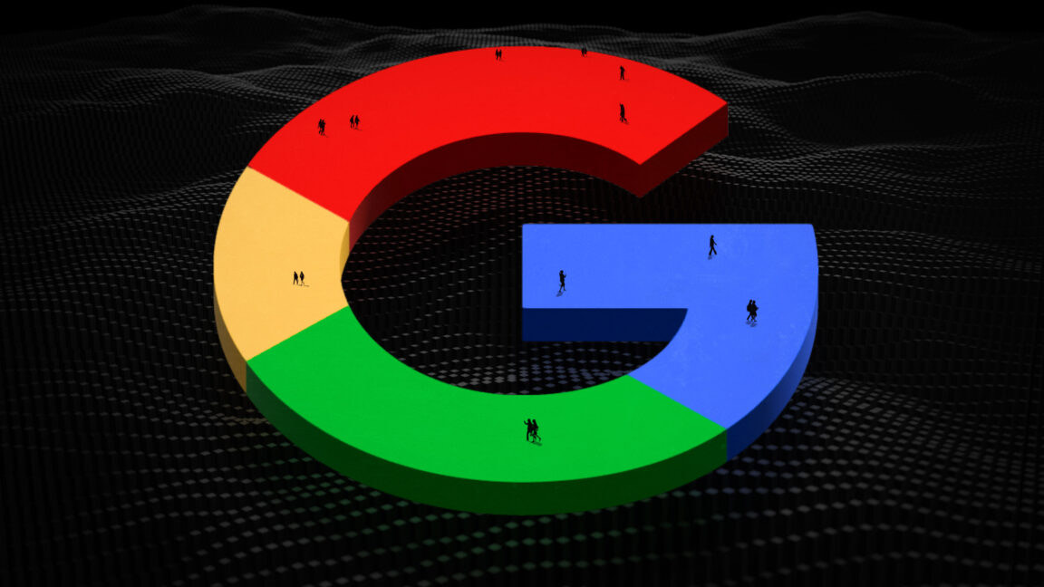 A 3D Google G sculpture standing on a black pixelated wave, tiny human silhouettes walking across its red, yellow, green and blue segments