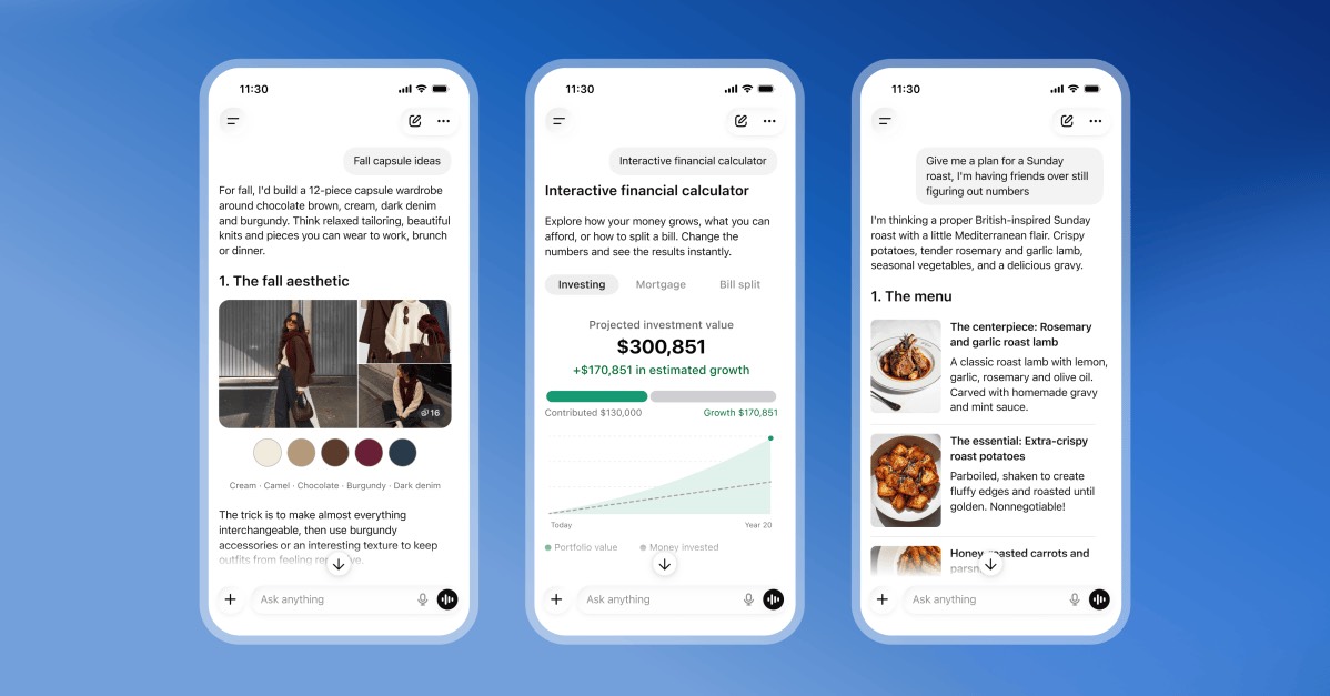 Official Intelligent UI three-phone mockup: a capsule wardrobe plan, an investment calculator, a Sunday recipe