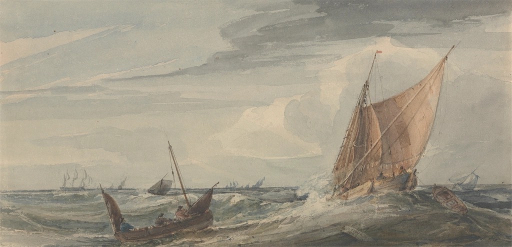 Watercolor of sailing ships battling heavy waves on a stormy sea