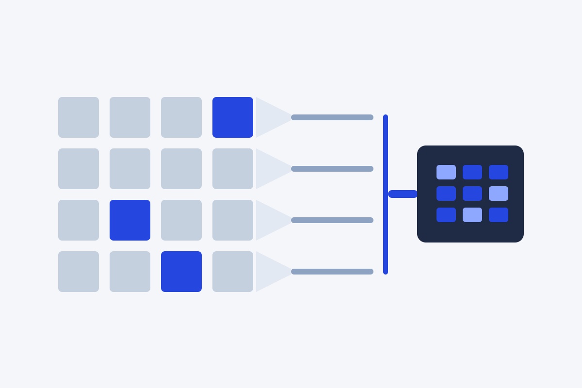 Four rows of grey tiles narrow into thin strips that merge onto one blue bar and feed a dark block of small tiles