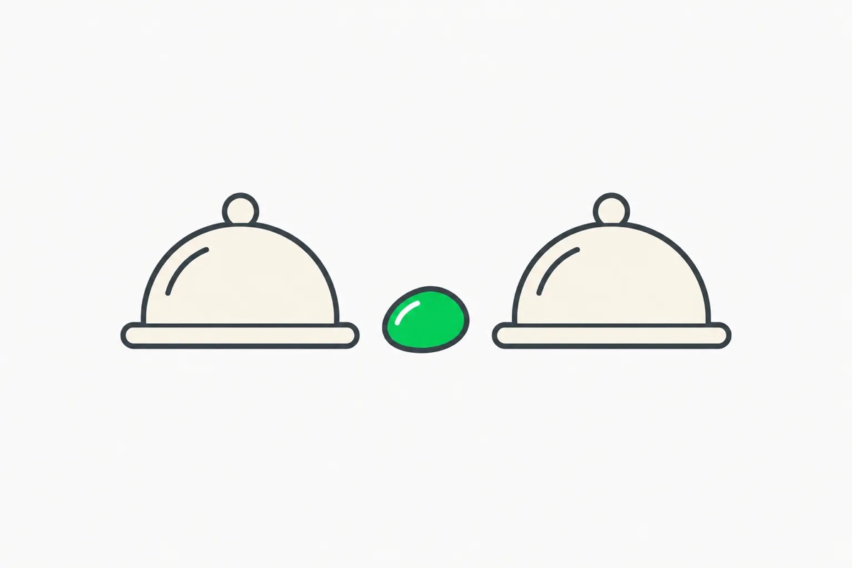 Flat illustration of two covered serving dishes with a single green lesion between them