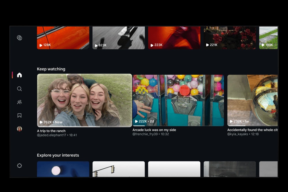 The dark homescreen of Instagram's TV app, with a Keep watching row of horizontal video cards and view counts