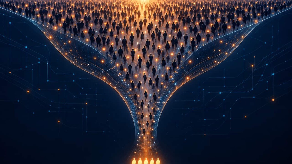 Illustration of a crowd narrowing into a funnel down to a handful of glowing figures