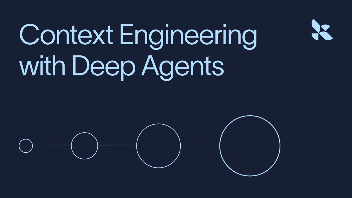 LangChain blog title card: pale blue lettering on dark navy, above a row of circles growing left to right