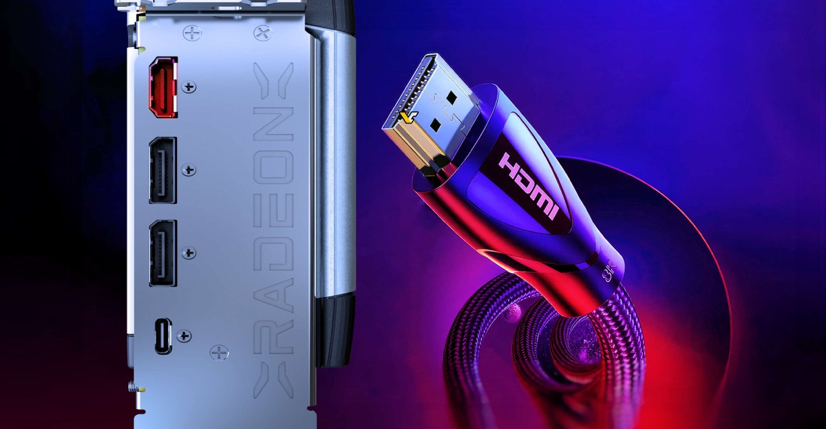 Close-up of a silver graphics card I/O bracket with an HDMI port and several DisplayPort connectors, next to a purple-sheathed HDMI cable