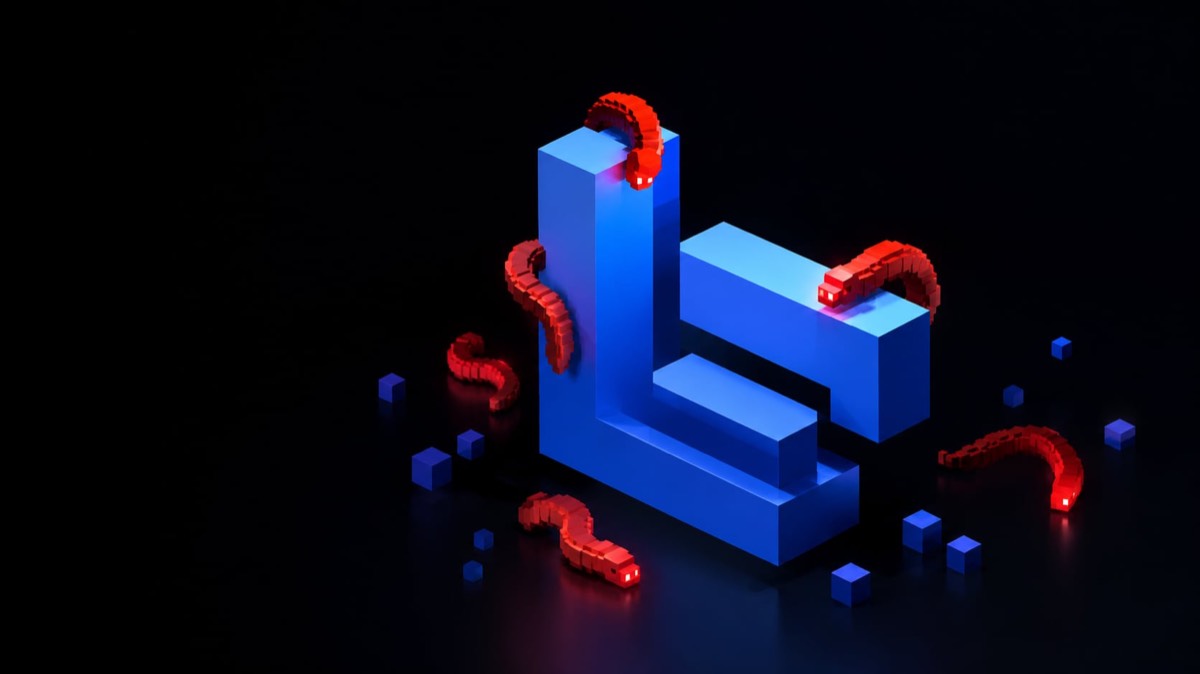 Glowing blue geometric blocks on a dark background with segmented red worm-like shapes climbing their edges, small blue cubes scattered around