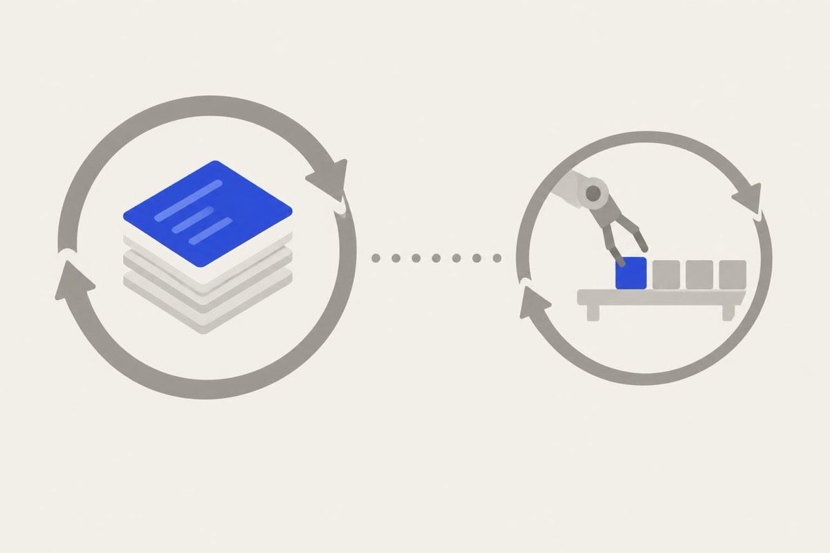 Flat illustration on a cream background: a loop of arrows around a stack of gray cards with the top one blue, and a second loop around a robot arm pushing a blue block
