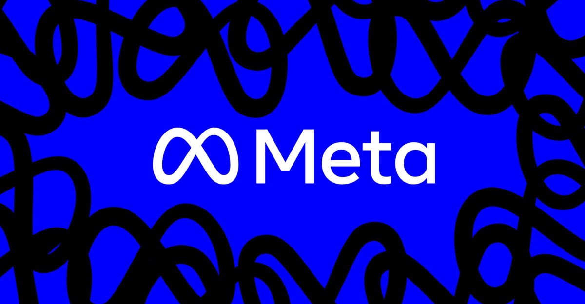 Black doodled loops around a white Meta wordmark and infinity logo on a bright blue background