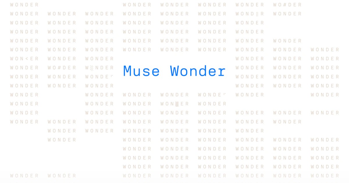 Official release art: a grid of repeated WONDER lettering on beige, with Muse Wonder in blue monospace at the center
