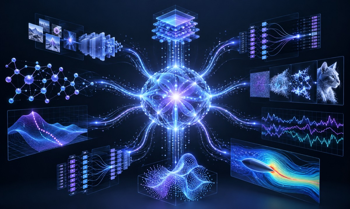 A glowing blue core radiating network graphs, waveforms and data panels