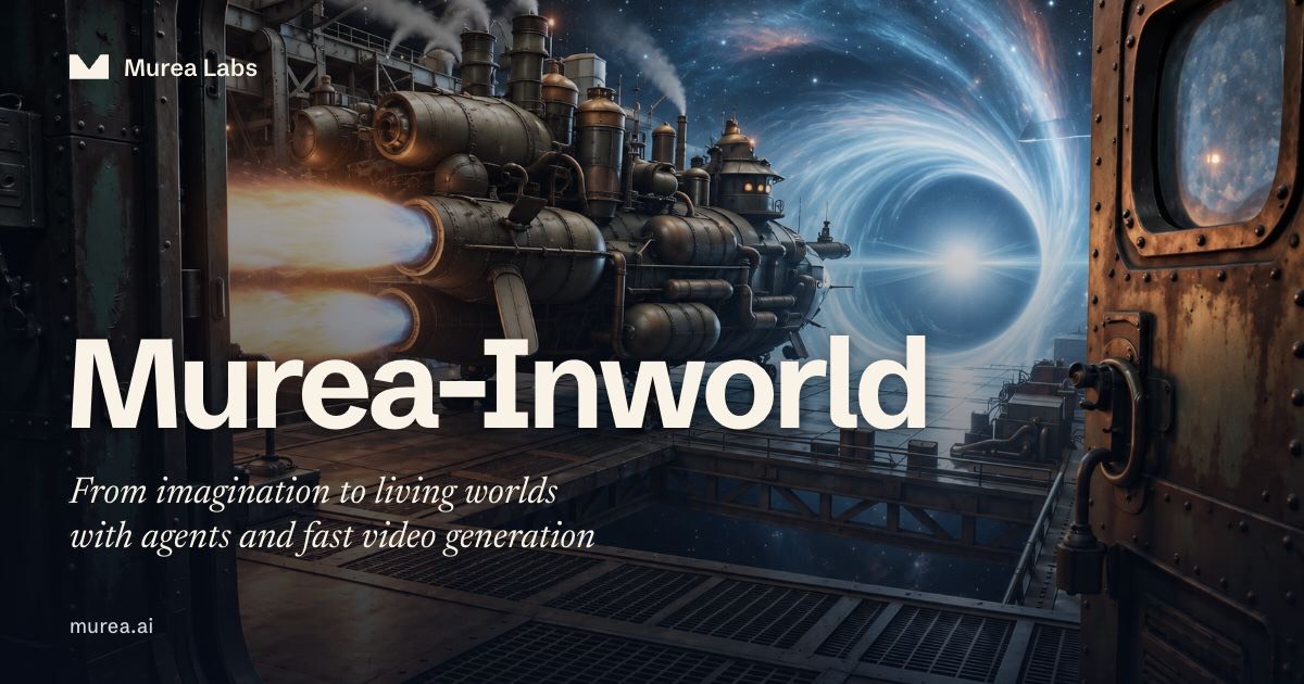 A dark metal chamber of pipes and machinery, with a ringed blue planet visible through an open hatch, overlaid with the words Murea-Inworld