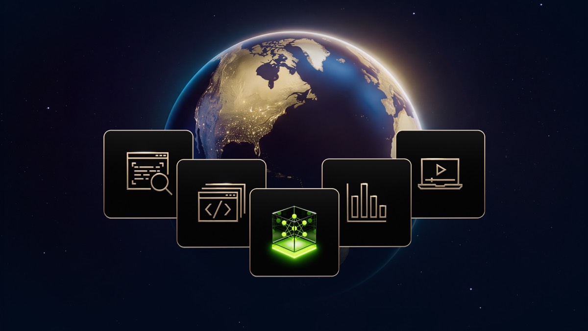 NVIDIA blog header image: a night-blue globe lit by a golden rim, with a row of dark rounded cards in front and a glowing network node in the center card
