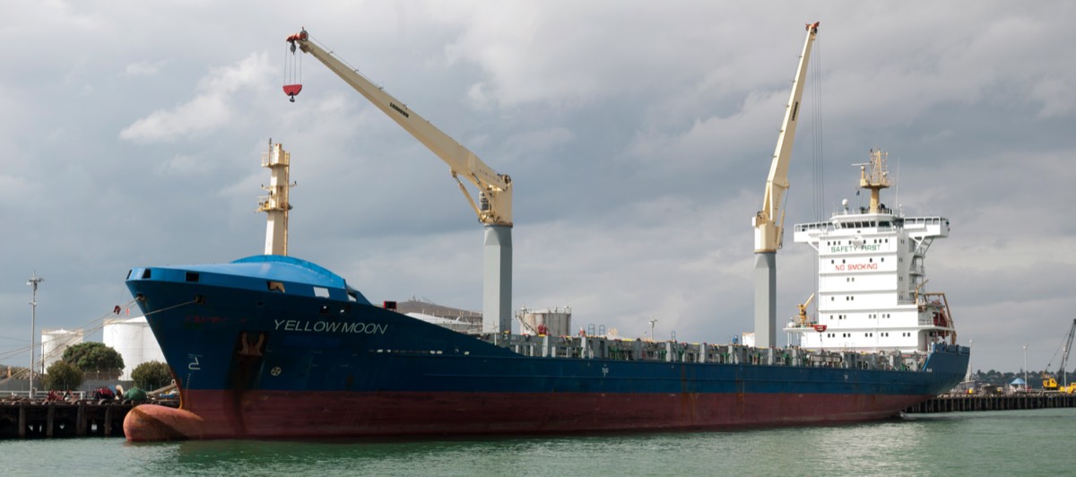 The Yellow Moon cargo ship docked under cranes