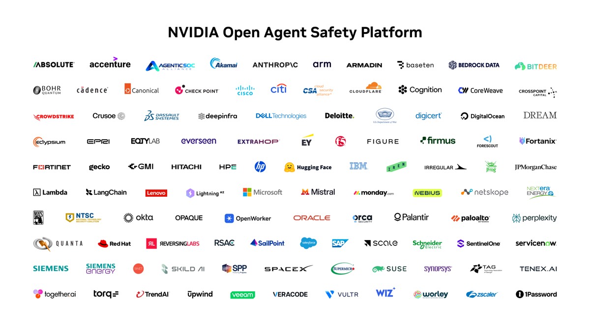 NVIDIA Open Agent Safety Platform announcement artwork with the partner logo wall