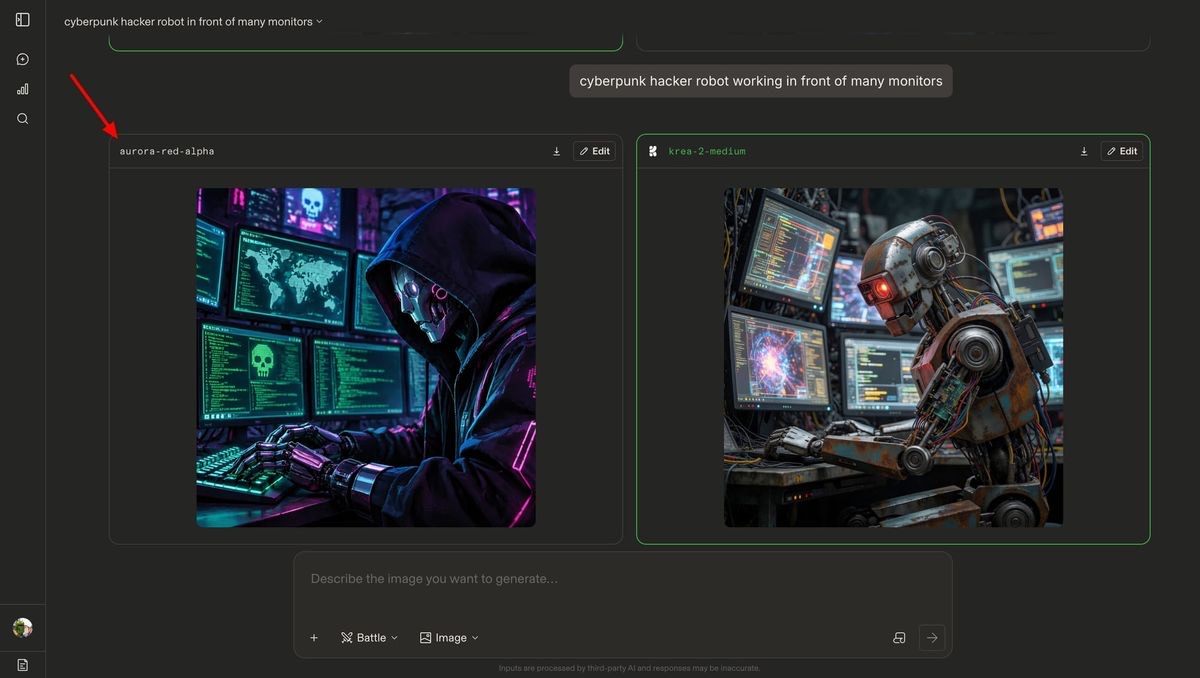 Arena blind-test screenshot: side-by-side panels where aurora-red-alpha and krea-2-medium each generated an image from the same prompt