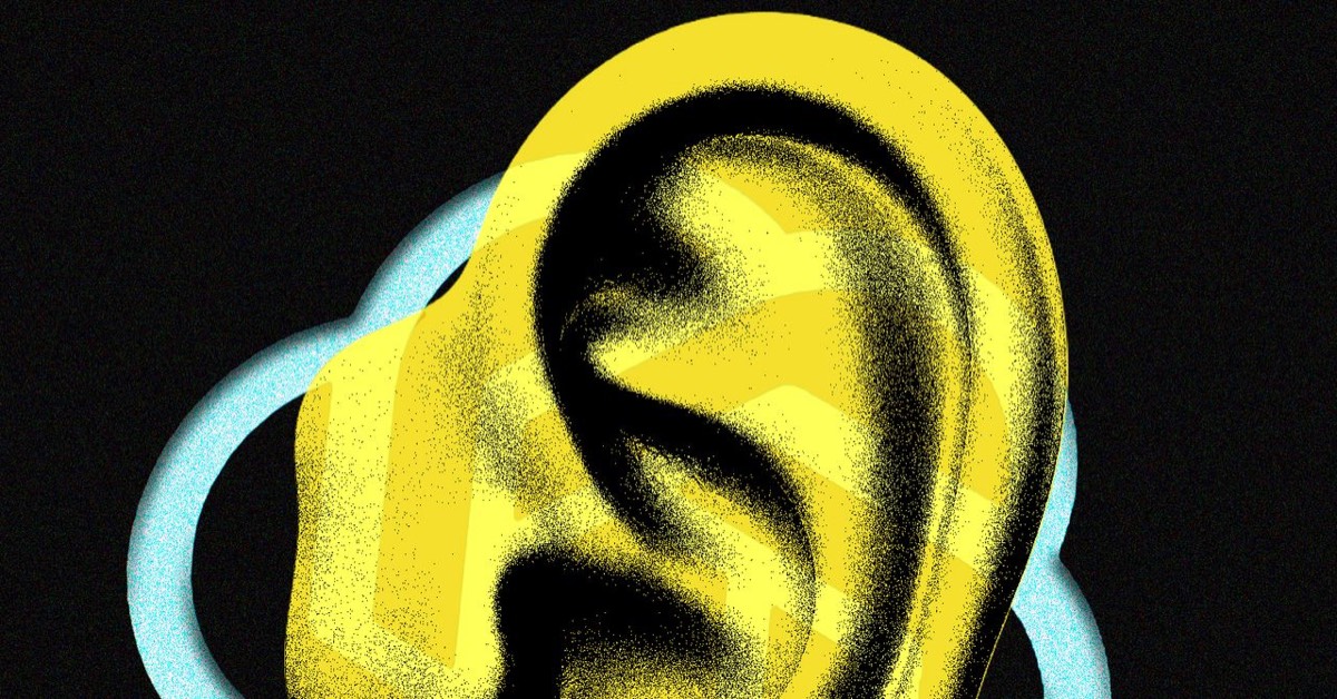 A grainy yellow illustration of a human ear on a black background, edged in pale blue