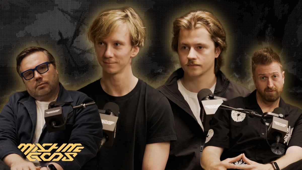 Machine Gods podcast cover art: four men seated at studio microphones in a collage