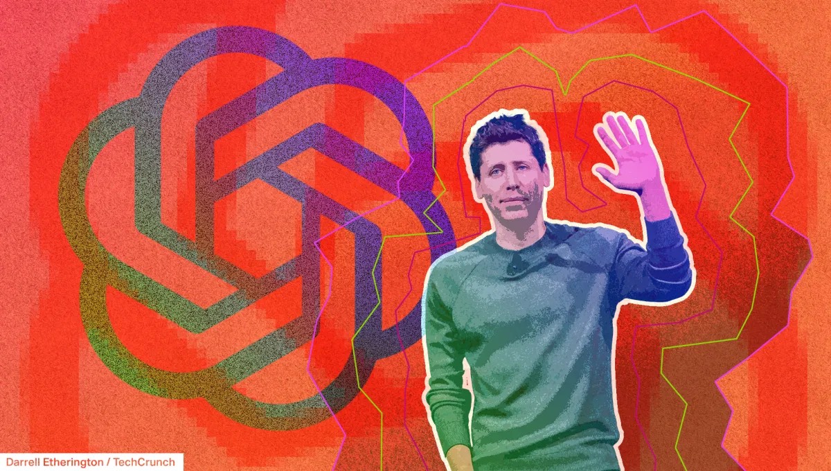 An editorial illustration of the OpenAI petal mark and a waving figure on an orange background