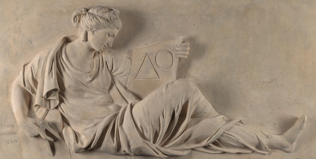 John Flaxman 1790 neoclassical relief Allegory of Geometry, a figure holding a triangle and circle