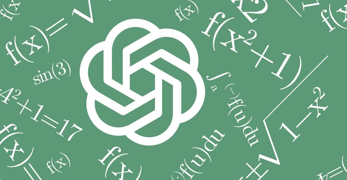 Integral and function notations scattered across a green board, with the OpenAI blossom logo at the center
