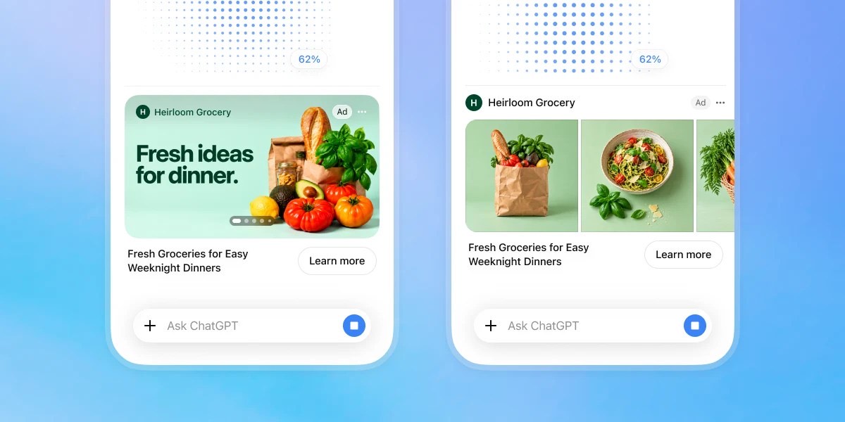 ChatGPT 界面中带「Ad」标注的 Heirloom Grocery 生鲜广告 mockup——OpenAI 官方图