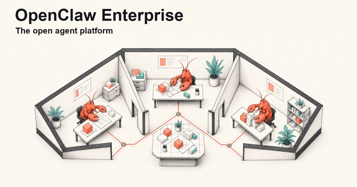 OpenClaw Enterprise art: three lobots working in separate office booths