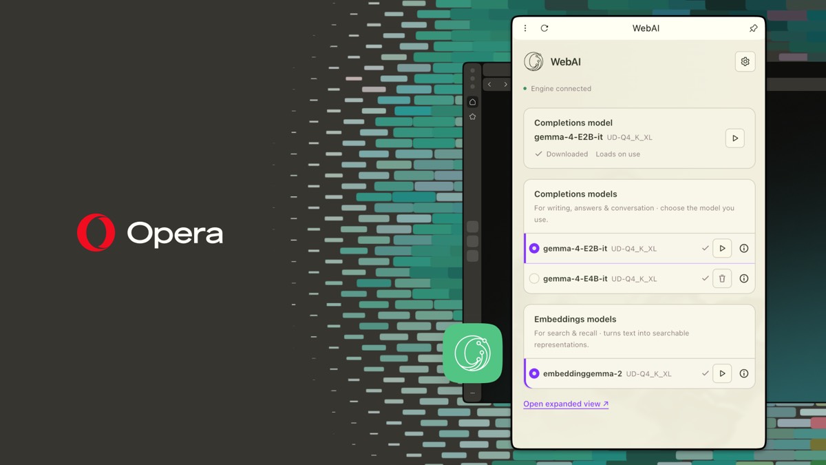 The Opera logo on a dark background beside a WebAI model panel listing downloaded completion and embedding models