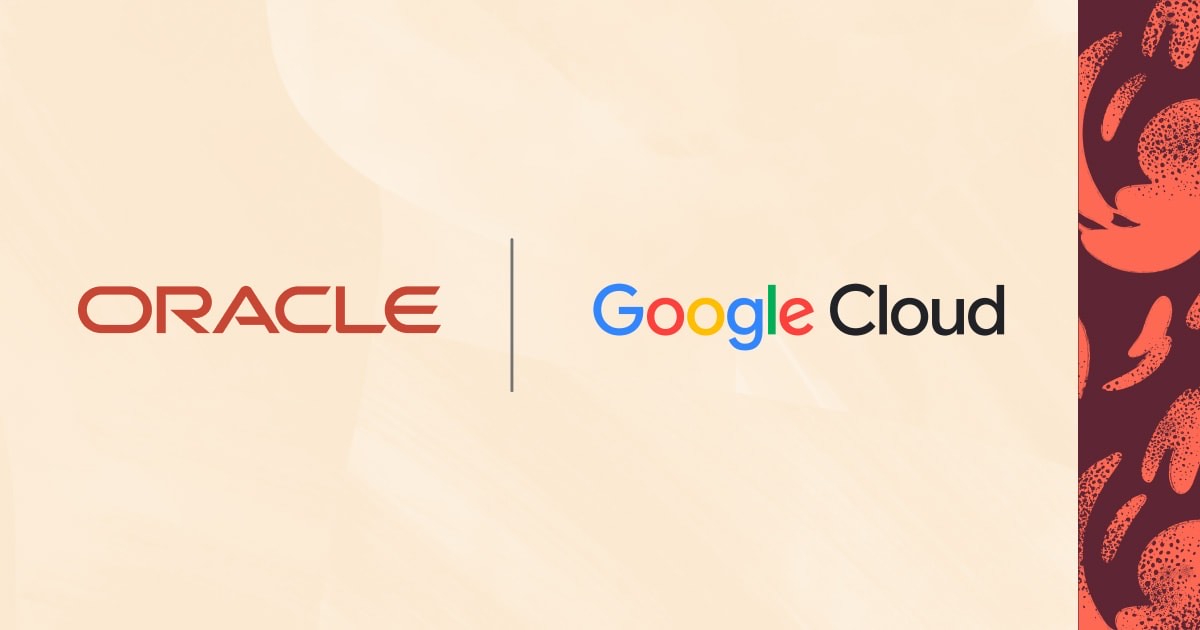 Oracle and Google Cloud logos side by side on a beige field with a red textured band on the right