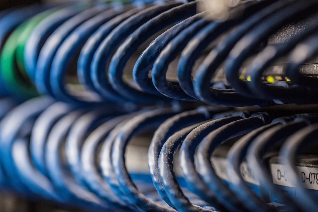 Rows of blue Ethernet cables curving out of switch ports in a server room, the nearest out of focus, status lights on at the far end