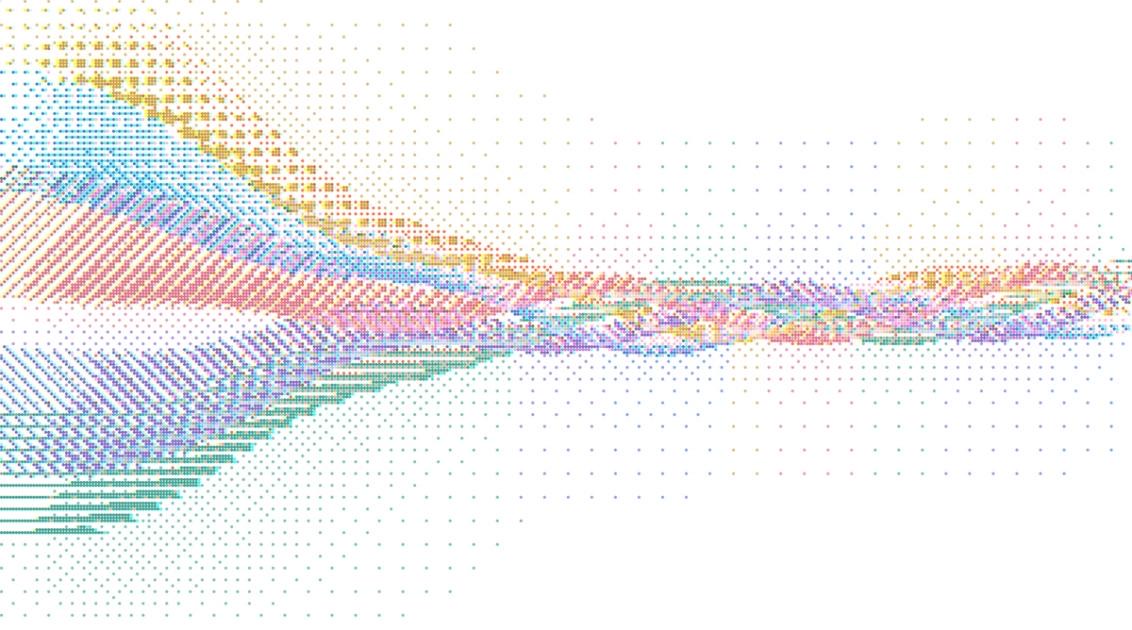 Abstract field of colored pixel squares, dense in bands on the left and thinning into scattered dots on a pale background