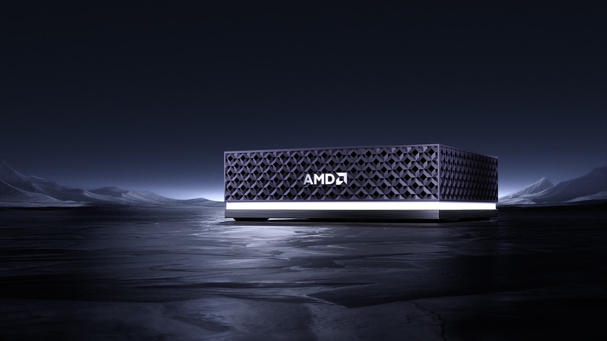 AMD product render of the Ryzen AI Halo: a lattice-patterned cube on a dark landscape