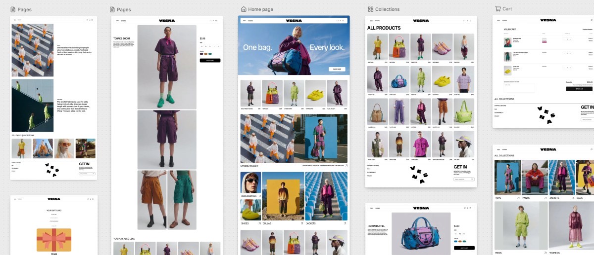 Canvas UI showing live previews of multiple store pages