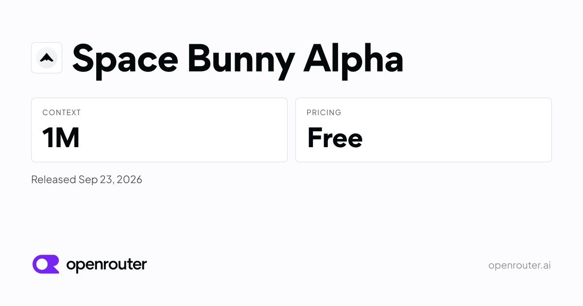 OpenRouter’s listing card for Space Bunny Alpha: 1M context, free pricing