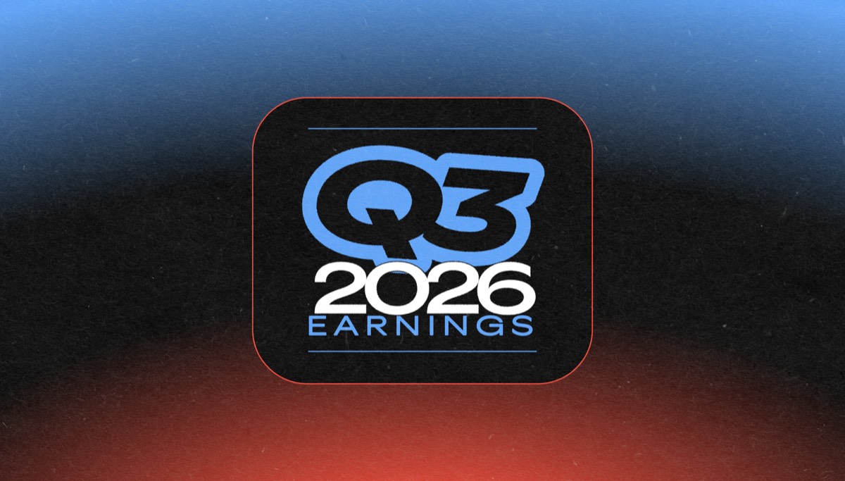 A black rounded square holding a pale blue "Q3" and white "2026 EARNINGS", set against a dark blue to orange gradient