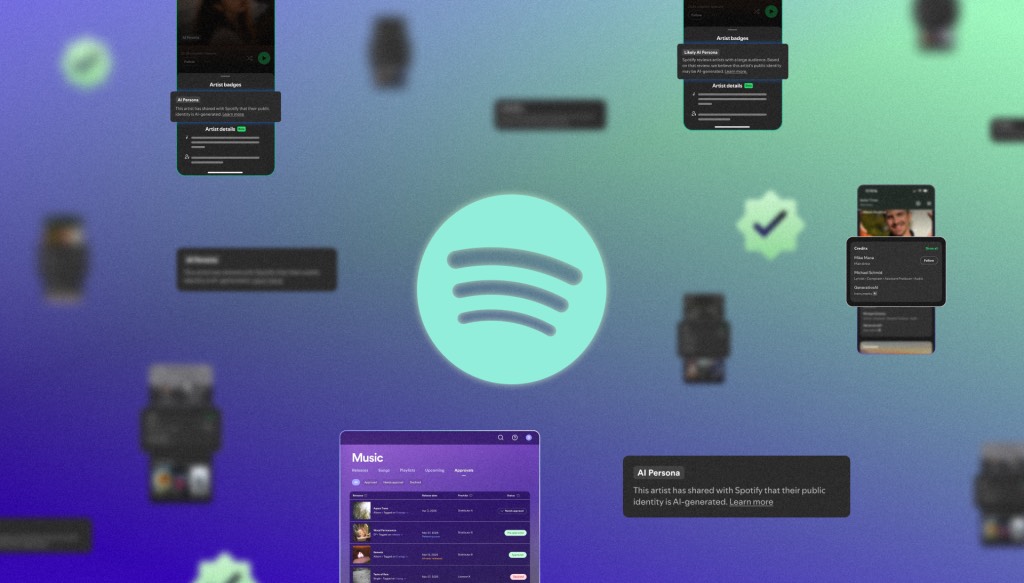 The green Spotify logo at the center, surrounded by blurred app screens with AI Persona badges, a verification check and a music release list